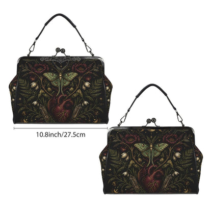 Luna Moth Anatomical Heart Kiss Lock Handbag with Gothic Botanical Print and Crossbody Strap