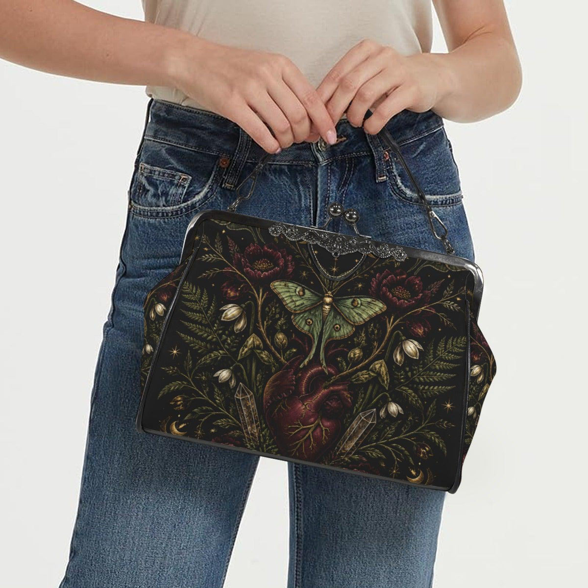 Luna Moth Anatomical Heart Kiss Lock Handbag with Gothic Botanical Print and Crossbody Strap
