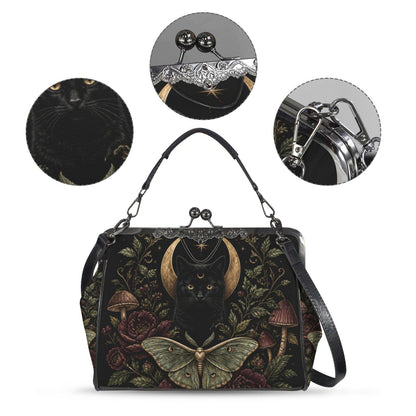 Black Cat Crescent Moon Kiss Lock Handbag with Luna Moth and Crossbody Strap