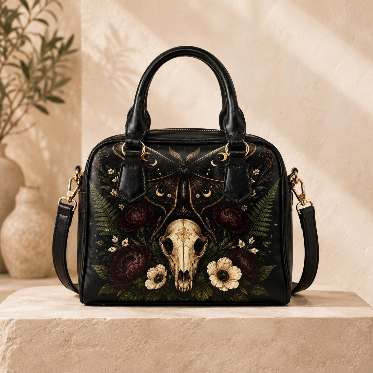 Gothic Skull and Golden Moth Shoulder Bag with Moon Phases and Crossbody Strap