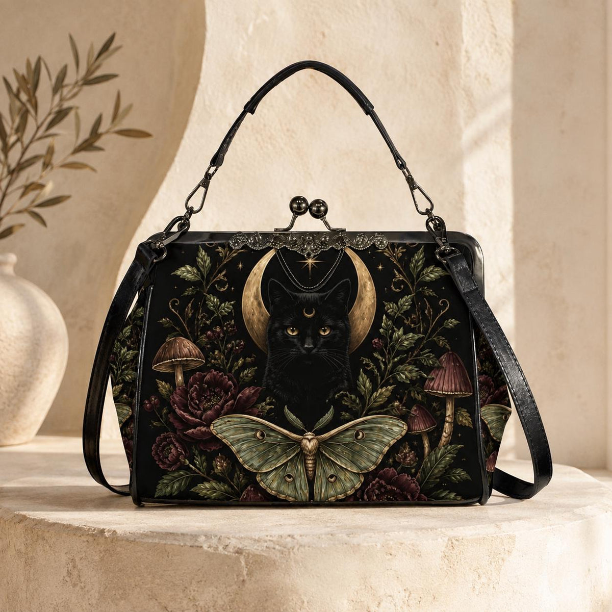 Black Cat Crescent Moon Kiss Lock Handbag with Luna Moth and Crossbody Strap