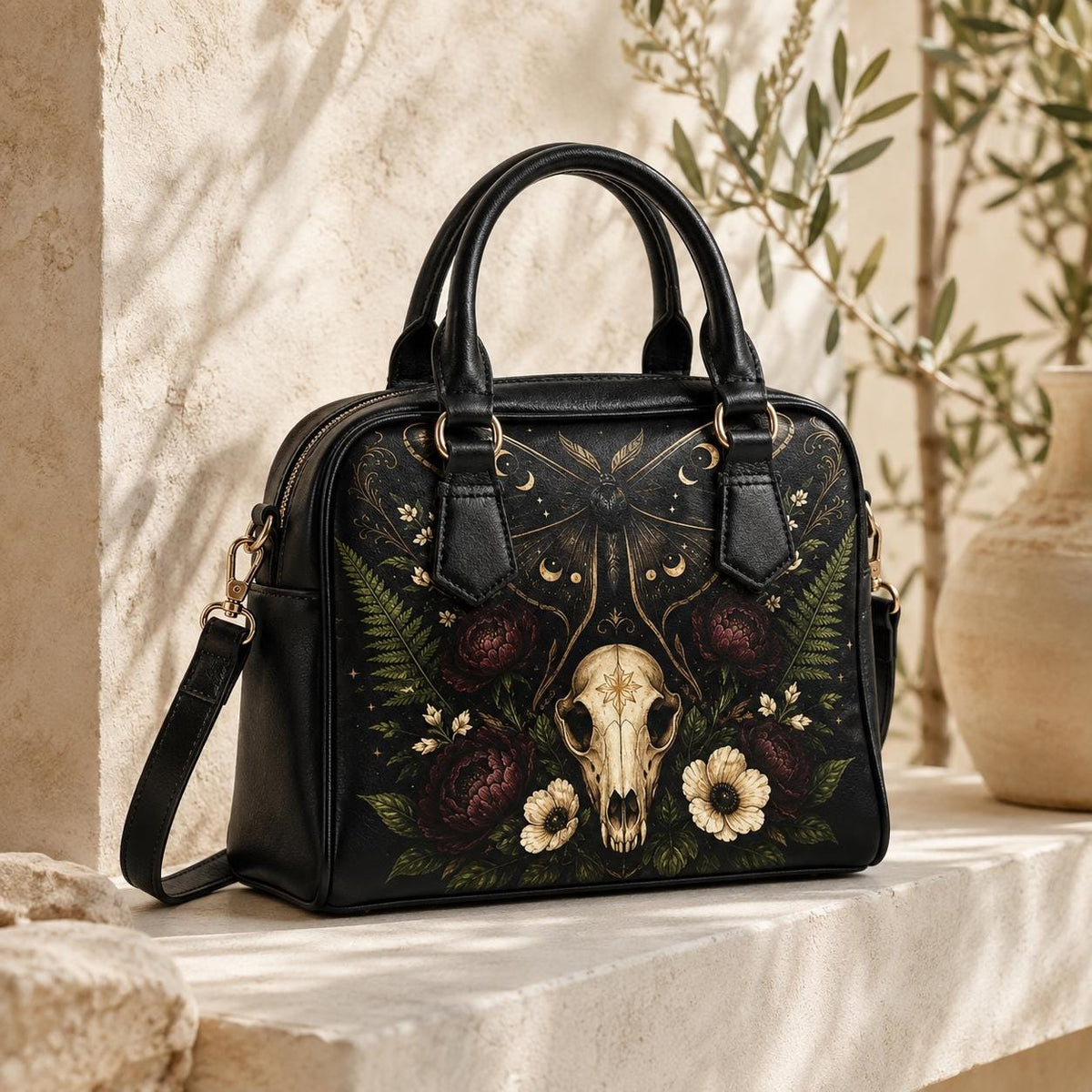 Gothic Skull and Golden Moth Shoulder Bag with Moon Phases and Crossbody Strap