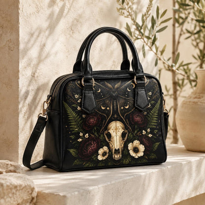 Gothic Skull and Golden Moth Shoulder Bag with Moon Phases and Crossbody Strap