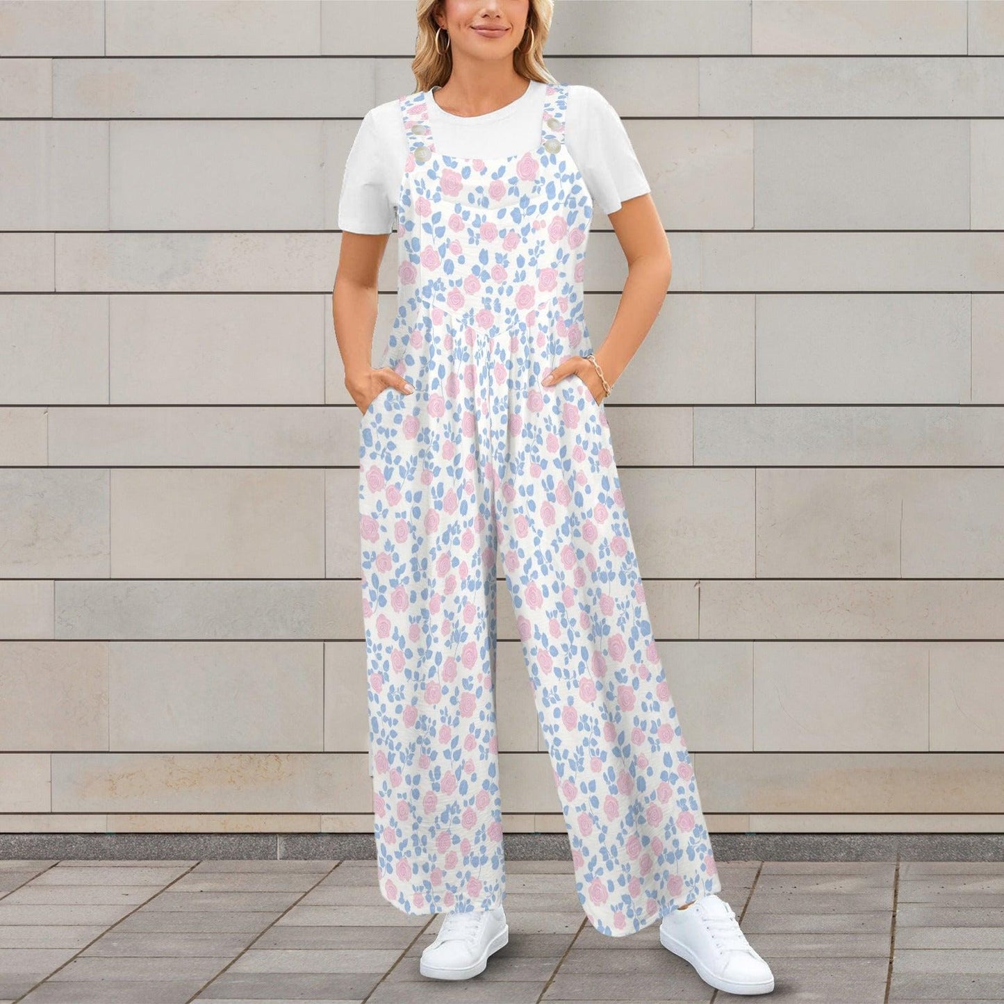 White Pastel Pink Blue Wildflower Jumpsuit, Wide Leg Sleeveless Overalls With Pockets