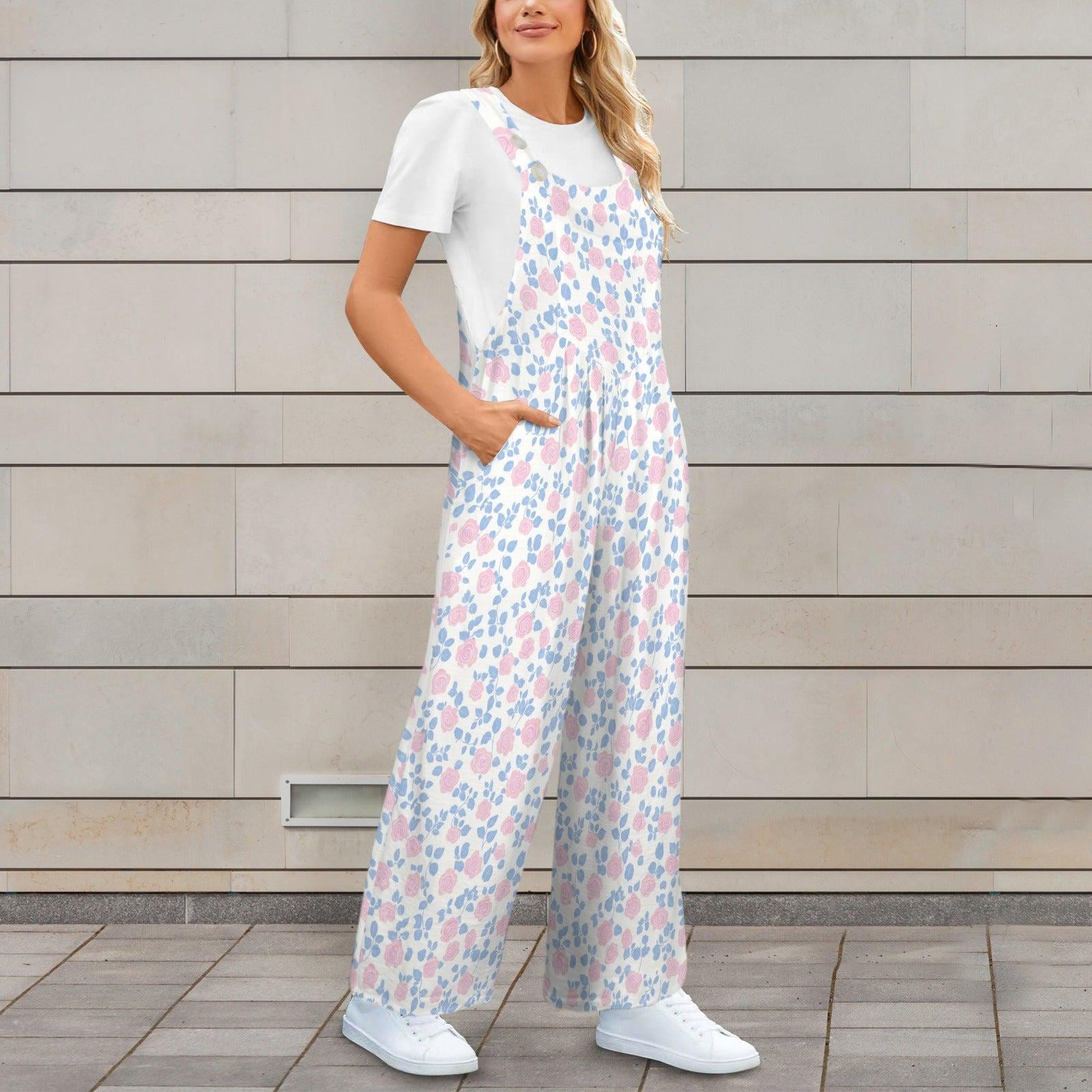 White Pastel Pink Blue Wildflower Jumpsuit, Wide Leg Sleeveless Overalls With Pockets