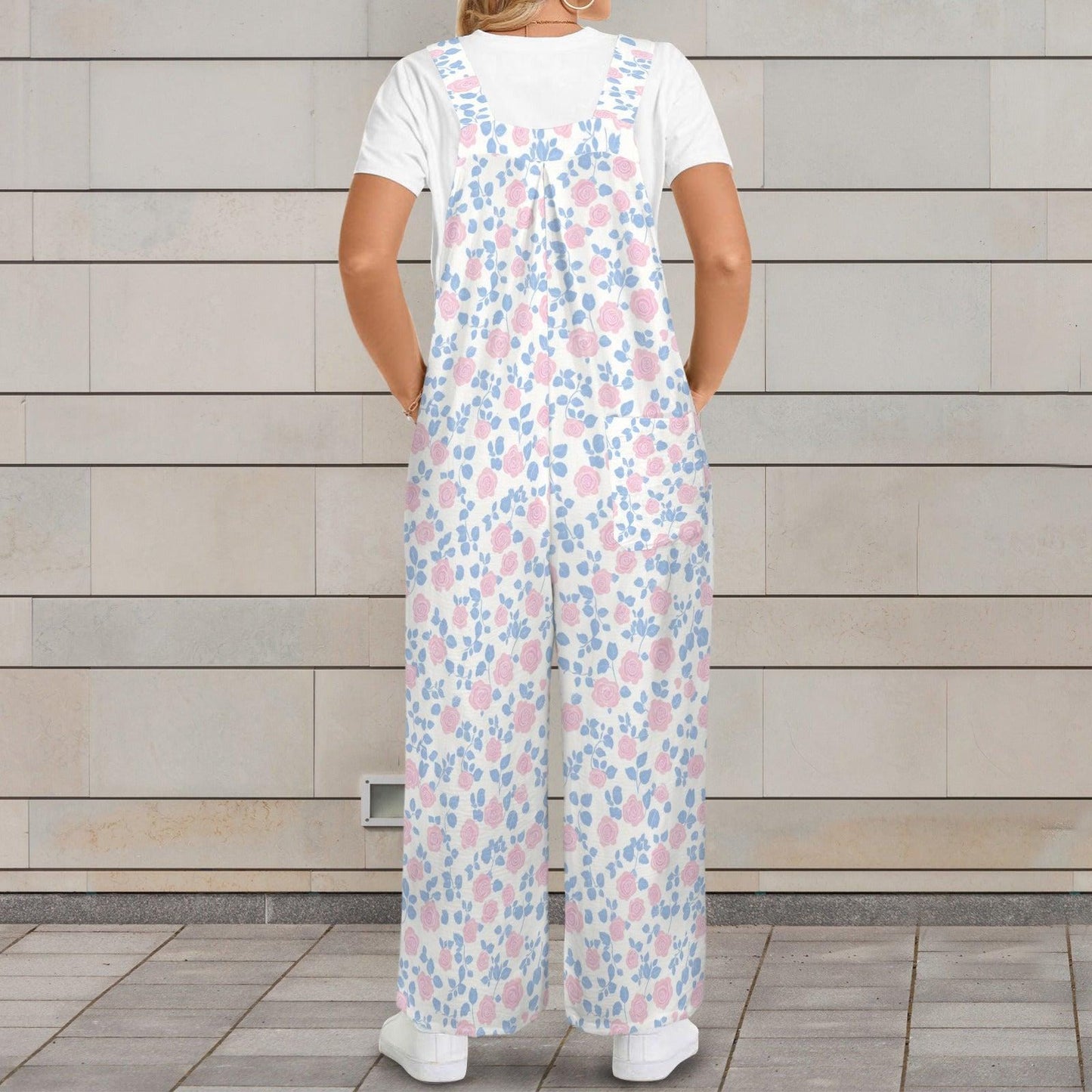 White Pastel Pink Blue Wildflower Jumpsuit, Wide Leg Sleeveless Overalls With Pockets