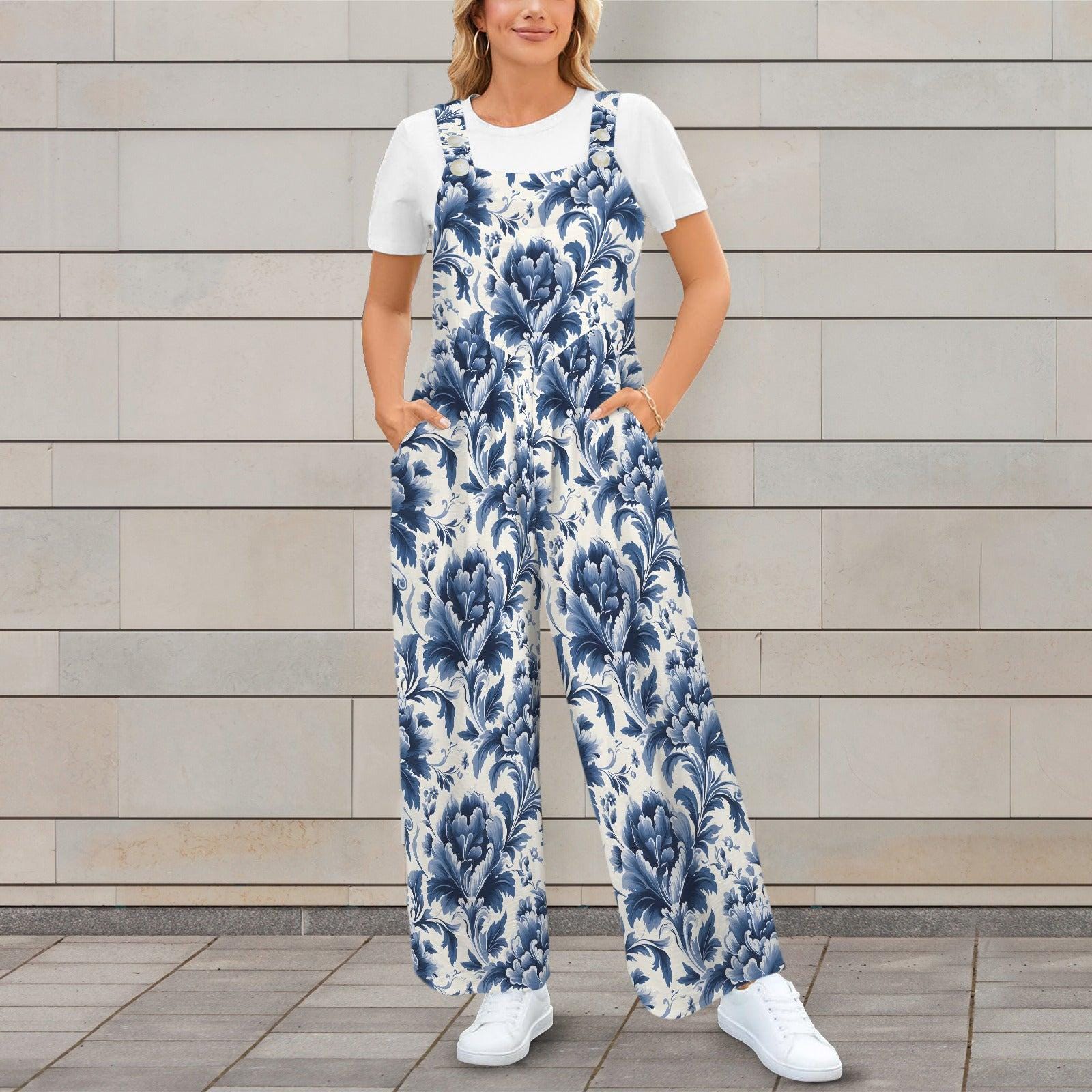 Blue White Damask Boho Jumpsuit, Wide Leg Sleeveless Overalls With Pockets