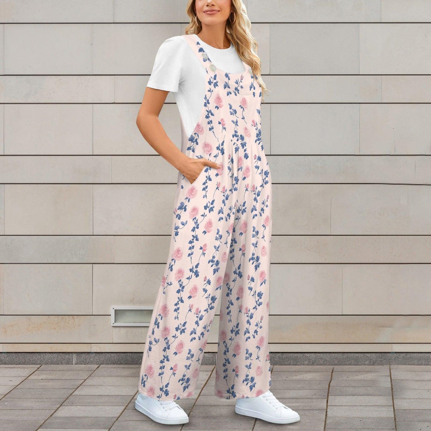 Blush Pink Blue Botanical Floral Jumpsuit, Wide Leg Sleeveless Overalls With Pockets