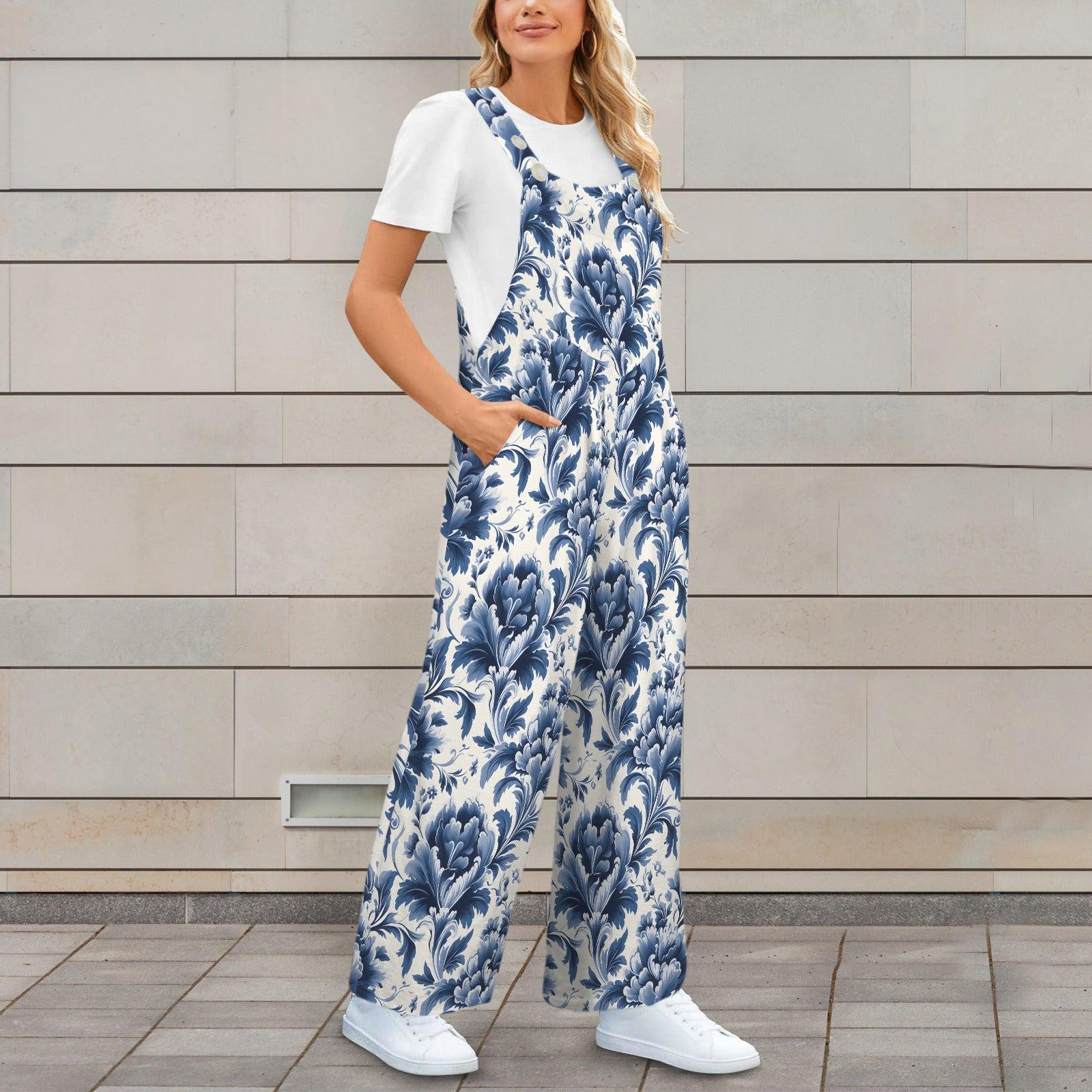 Blue White Damask Boho Jumpsuit, Wide Leg Sleeveless Overalls With Pockets