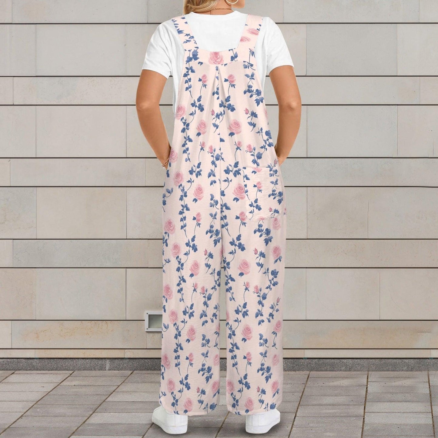 Blush Pink Blue Botanical Floral Jumpsuit, Wide Leg Sleeveless Overalls With Pockets