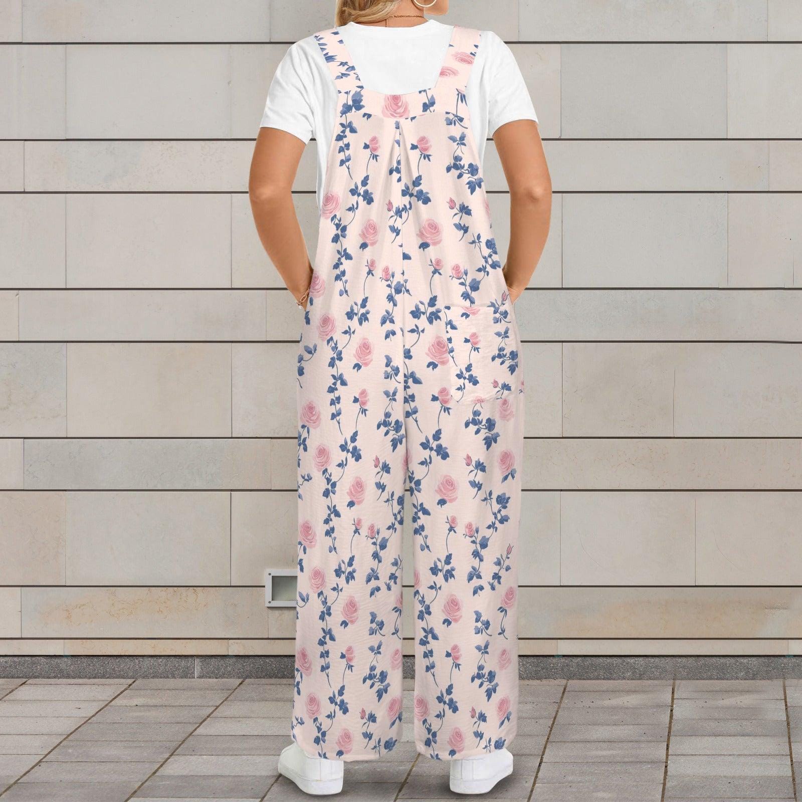 Blush Pink Blue Botanical Floral Jumpsuit, Wide Leg Sleeveless Overalls With Pockets