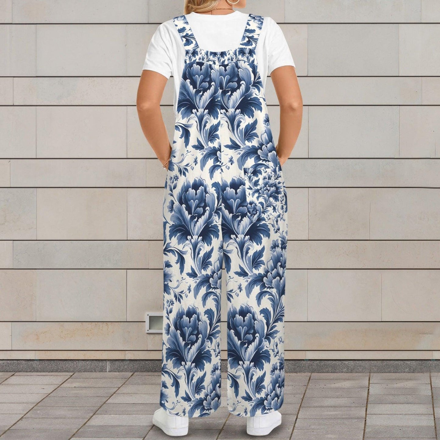 Blue White Damask Boho Jumpsuit, Wide Leg Sleeveless Overalls With Pockets