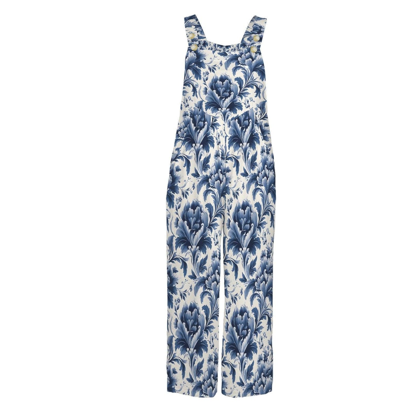 Blue White Damask Boho Jumpsuit, Wide Leg Sleeveless Overalls With Pockets