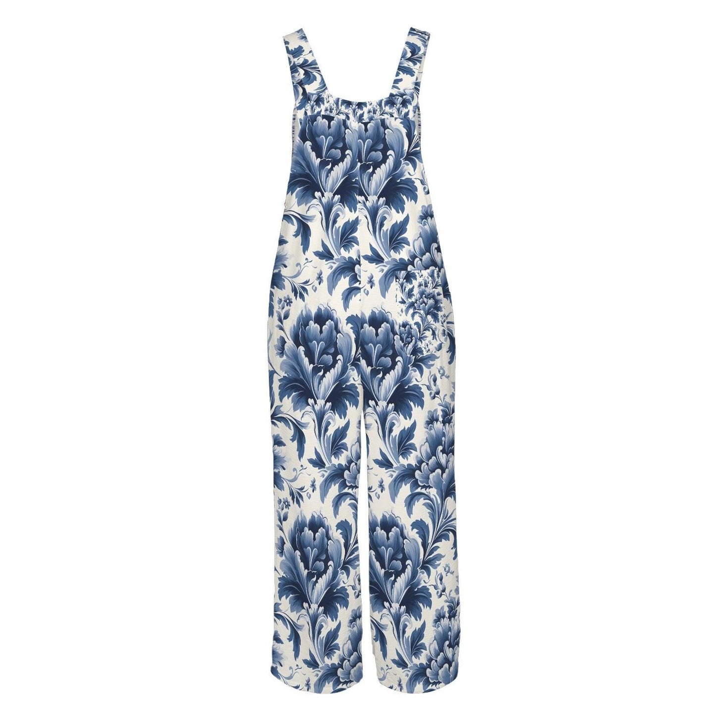 Blue White Damask Boho Jumpsuit, Wide Leg Sleeveless Overalls With Pockets