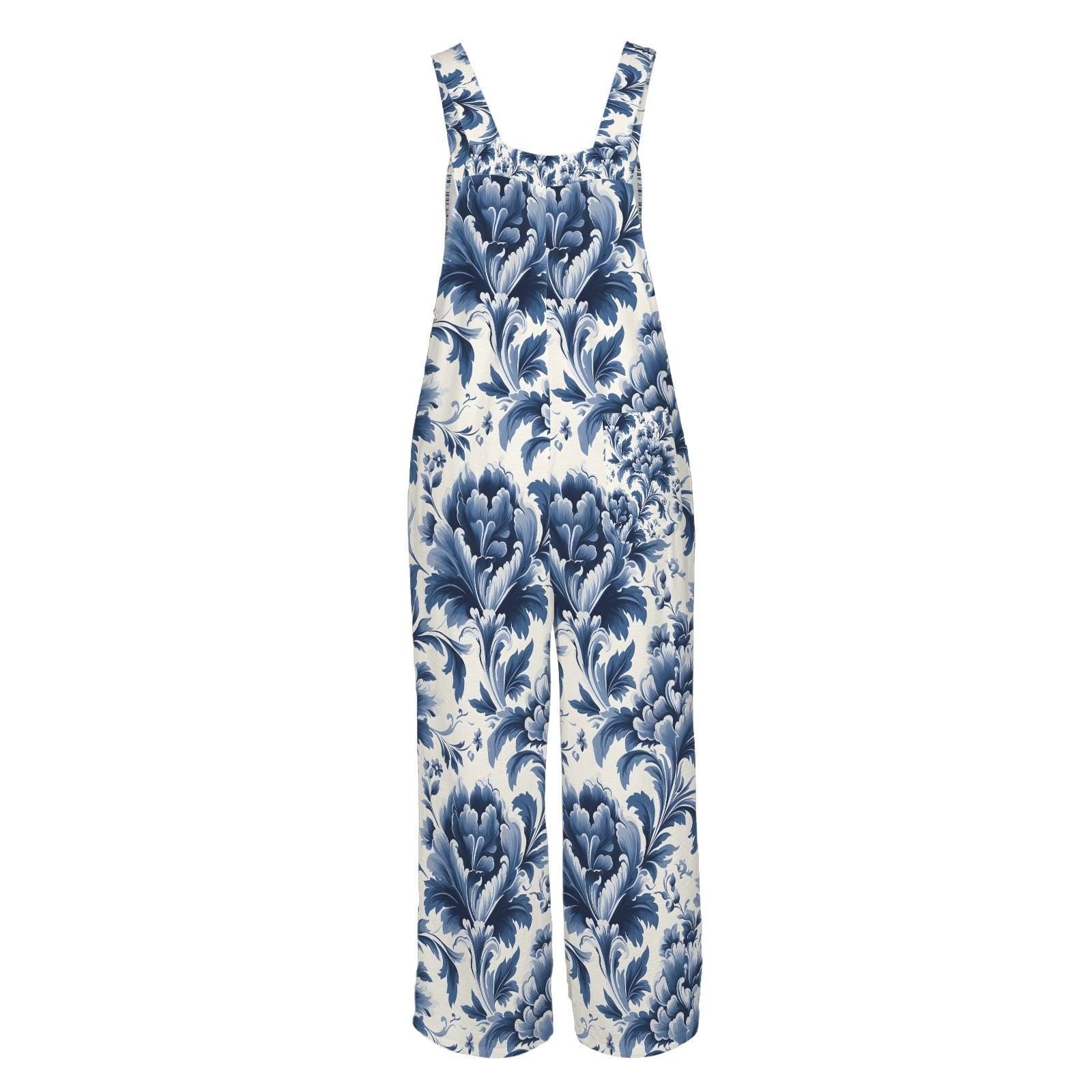 Blue White Damask Boho Jumpsuit, Wide Leg Sleeveless Overalls With Pockets