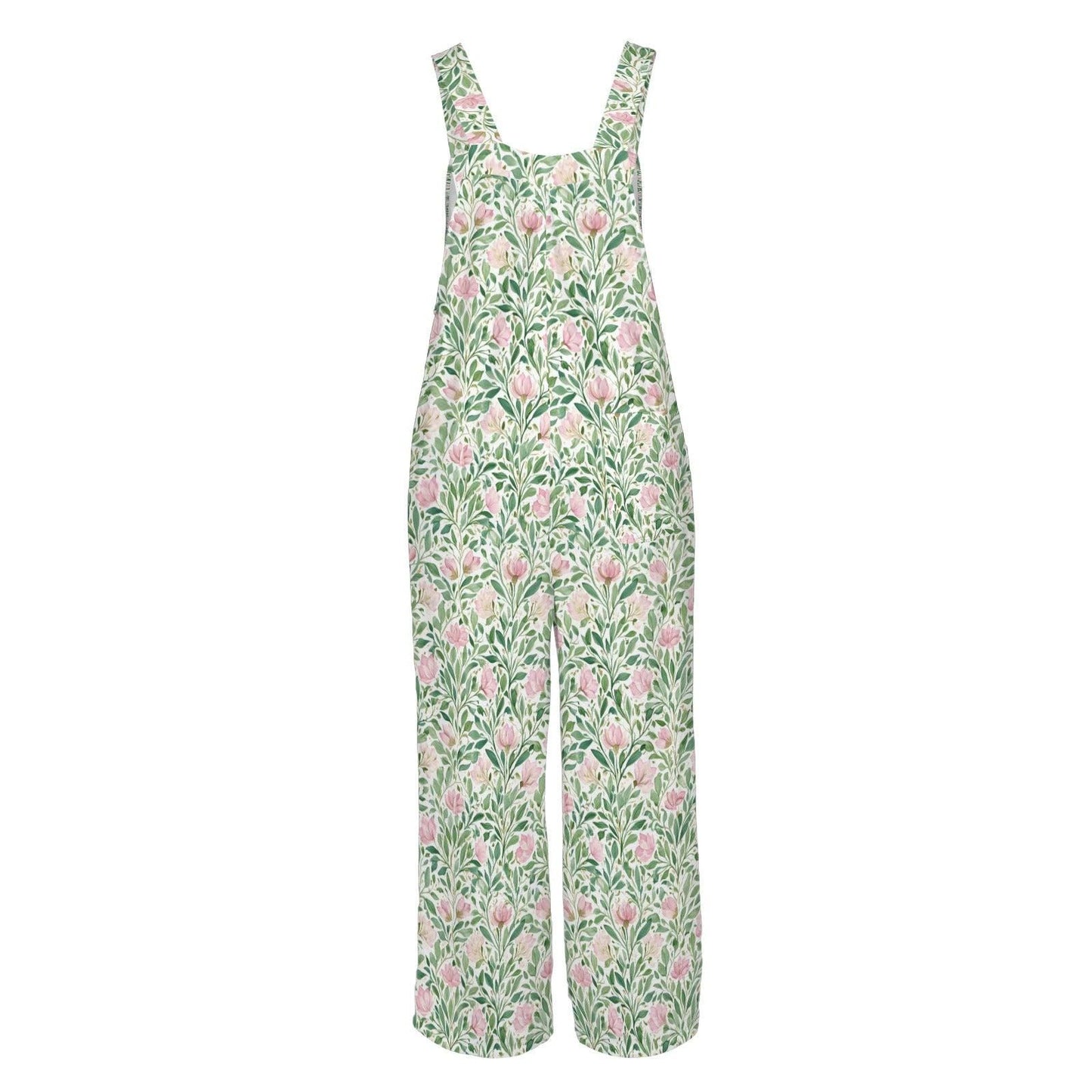 Mint Green Pink Botanical Floral Jumpsuit, Wide Leg Sleeveless Overalls With Pockets