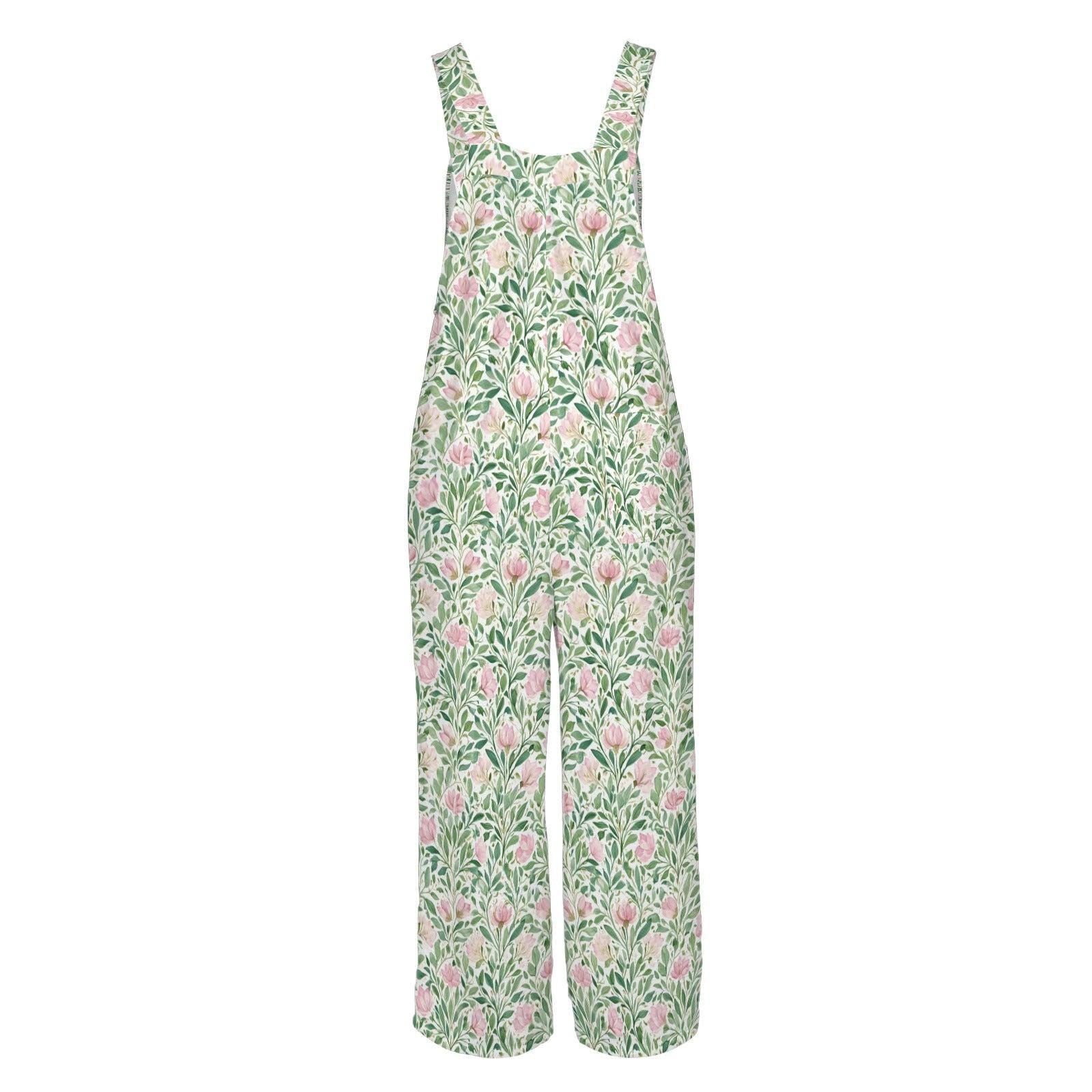 Mint Green Pink Botanical Floral Jumpsuit, Wide Leg Sleeveless Overalls With Pockets