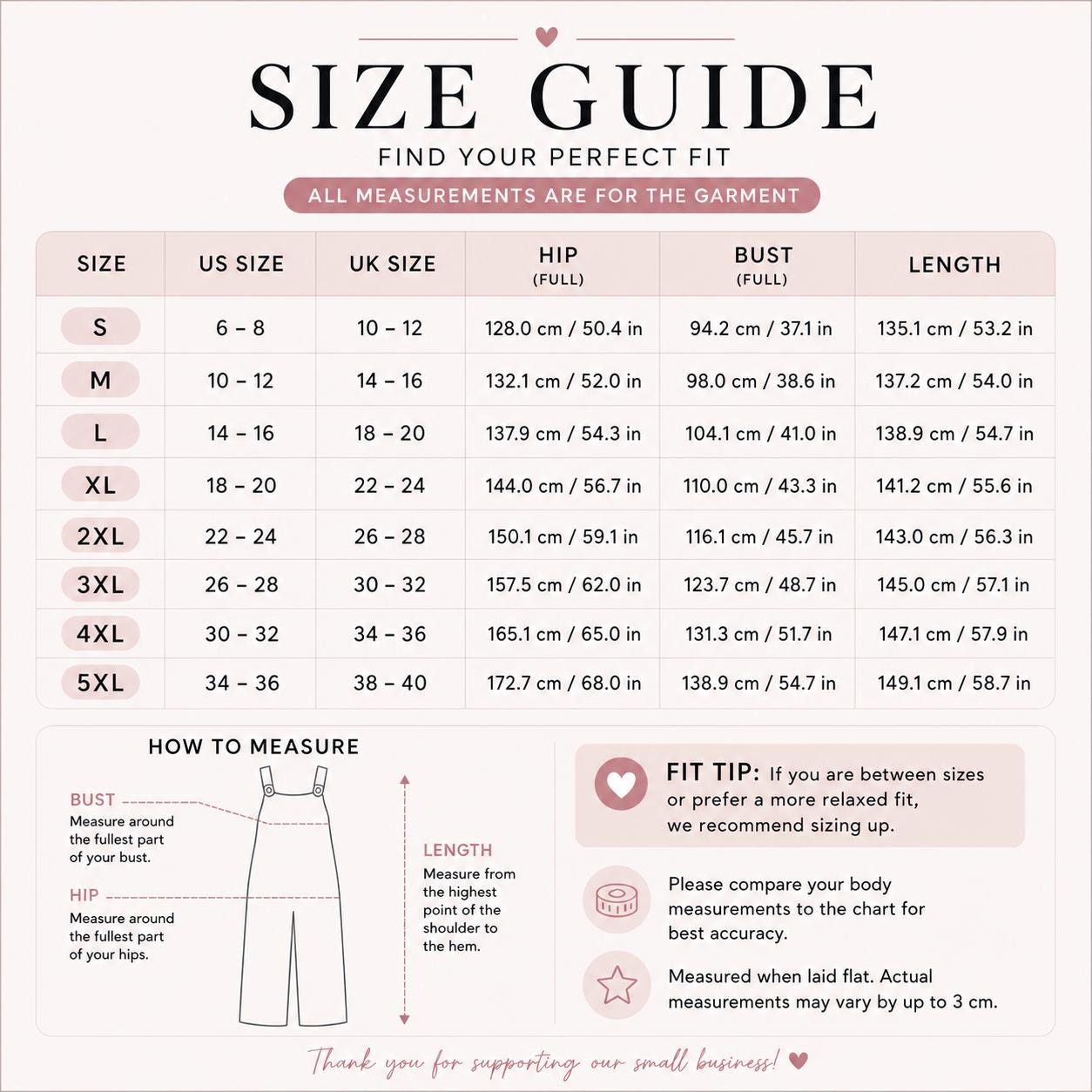 The image is a size guide that provides information on how to measure for different sizes of clothing, including bust, hips, and length. It includes a chart with measurements and corresponding sizes, along with a step-by-step guide on how to measure one's bust, hips, and length.