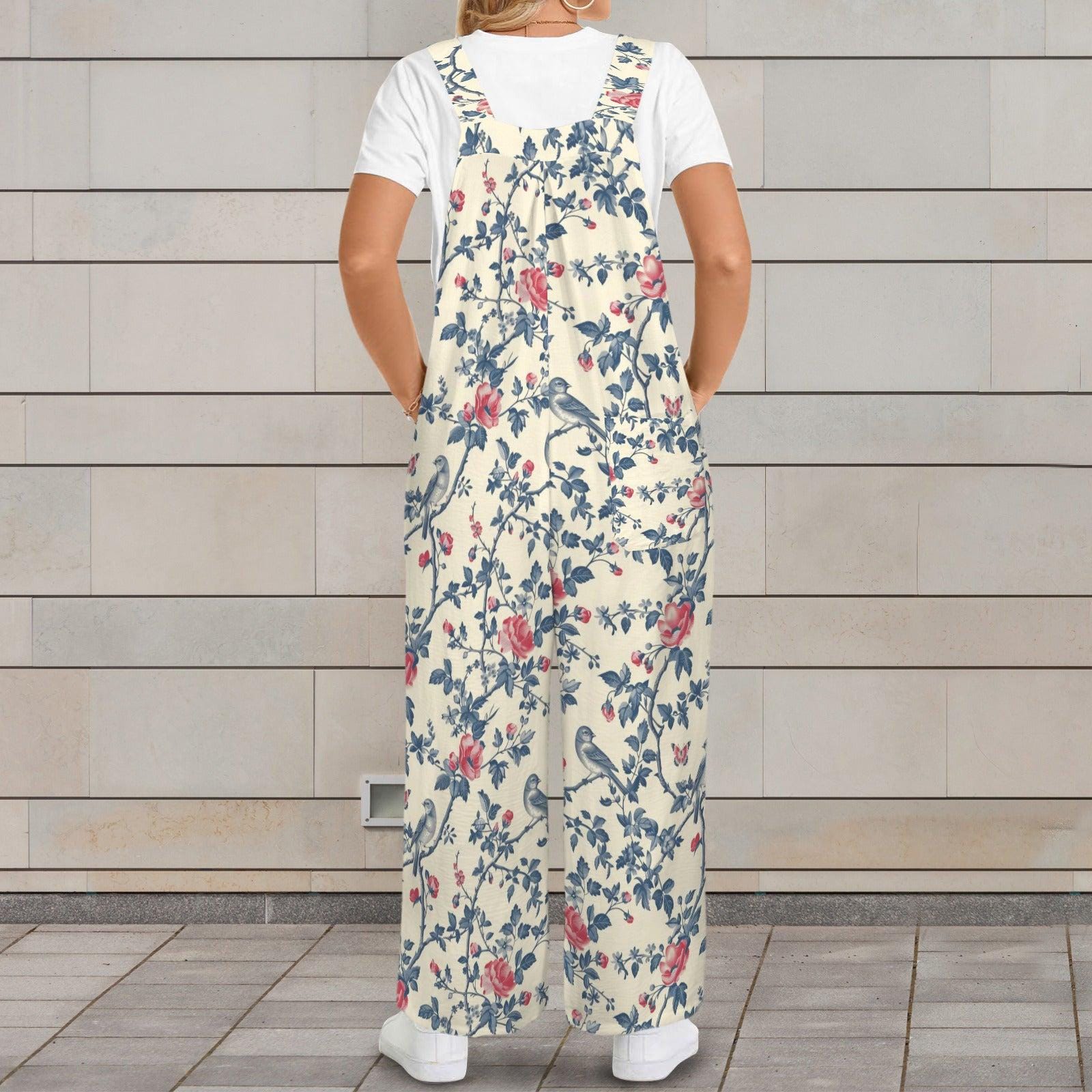 Ivory Blue Red Folk Floral Bohemian Jumpsuit, Wide Leg Sleeveless Overalls With Pockets