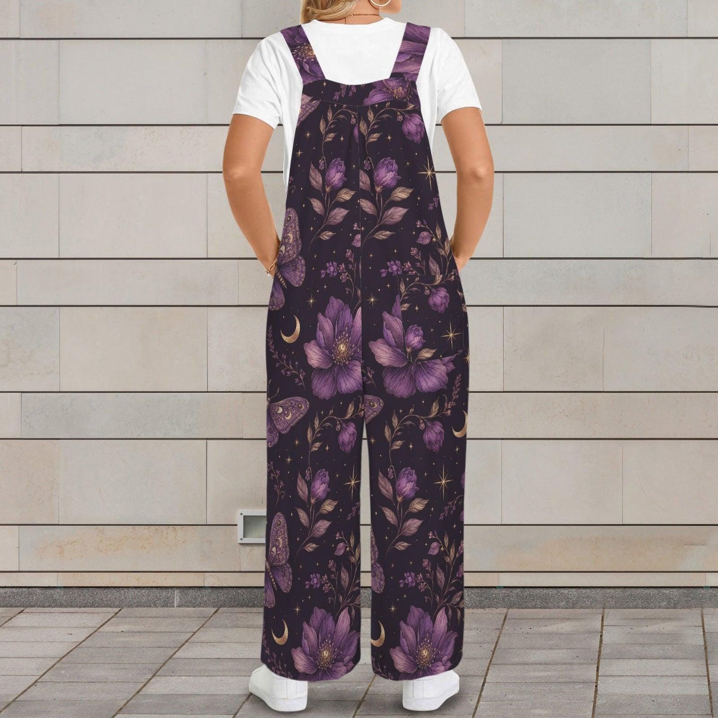 Deep Purple Moon Floral Celestial Jumpsuit, Wide Leg Sleeveless Overalls With Pockets