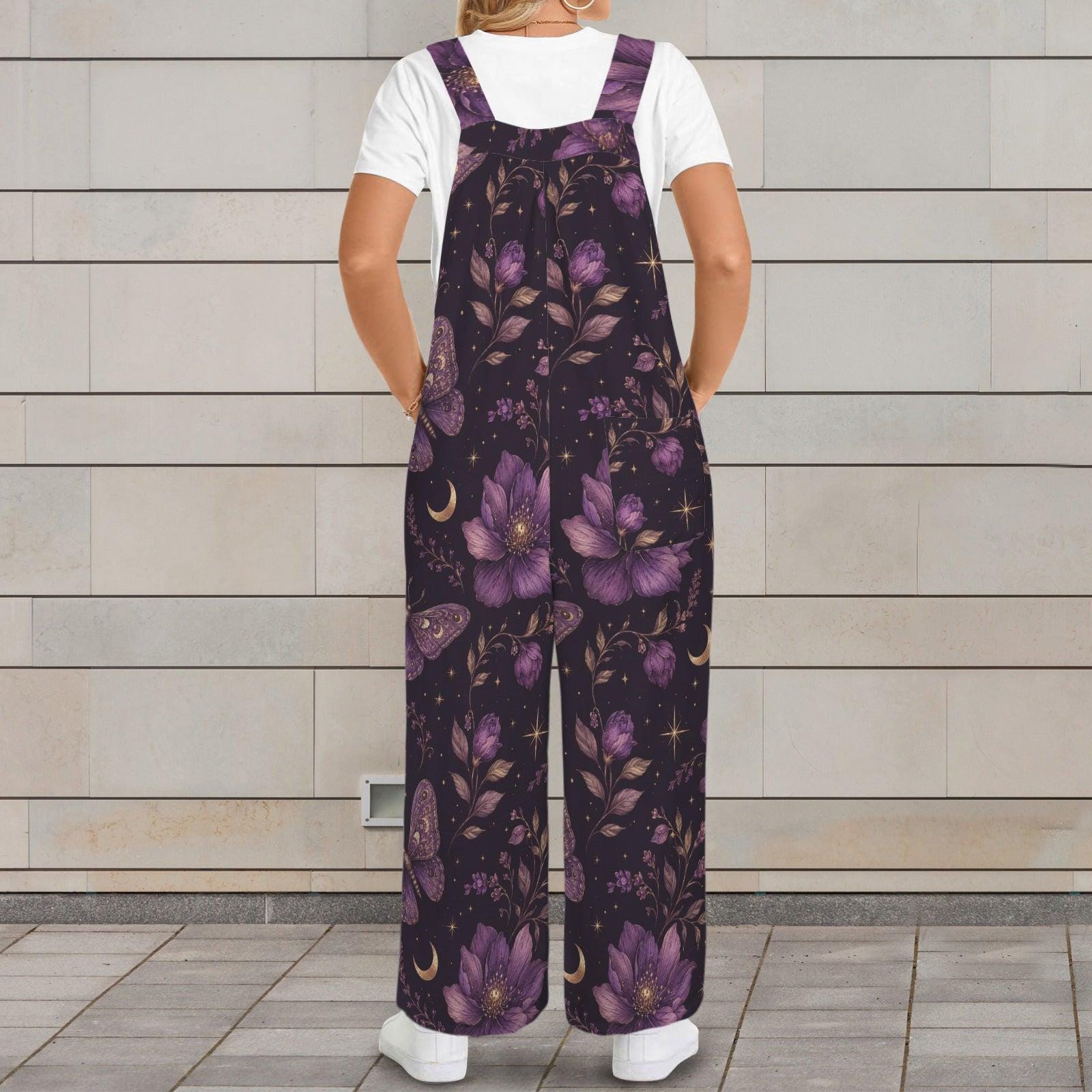 Deep Purple Moon Floral Celestial Jumpsuit, Wide Leg Sleeveless Overalls With Pockets