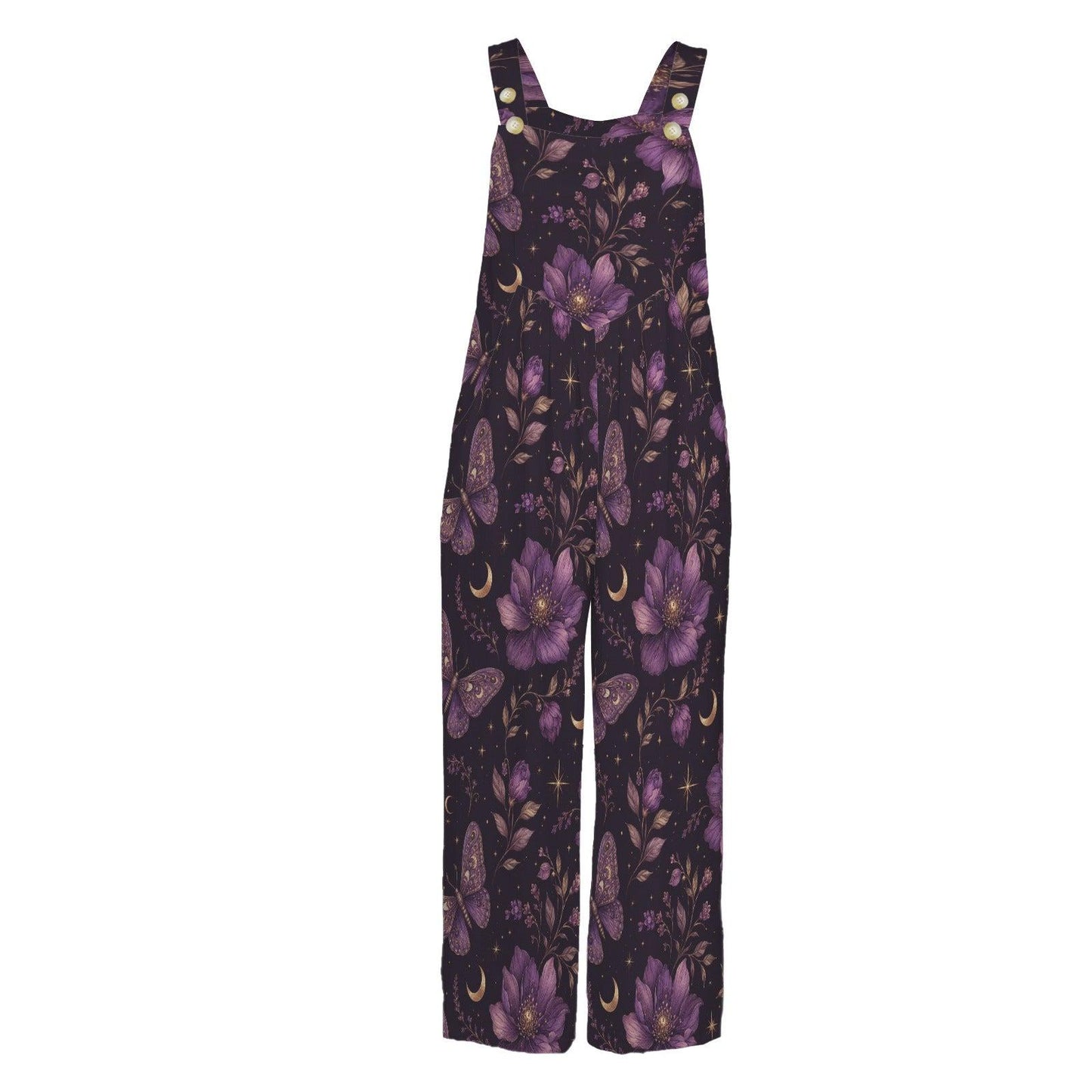 Deep Purple Moon Floral Celestial Jumpsuit, Wide Leg Sleeveless Overalls With Pockets