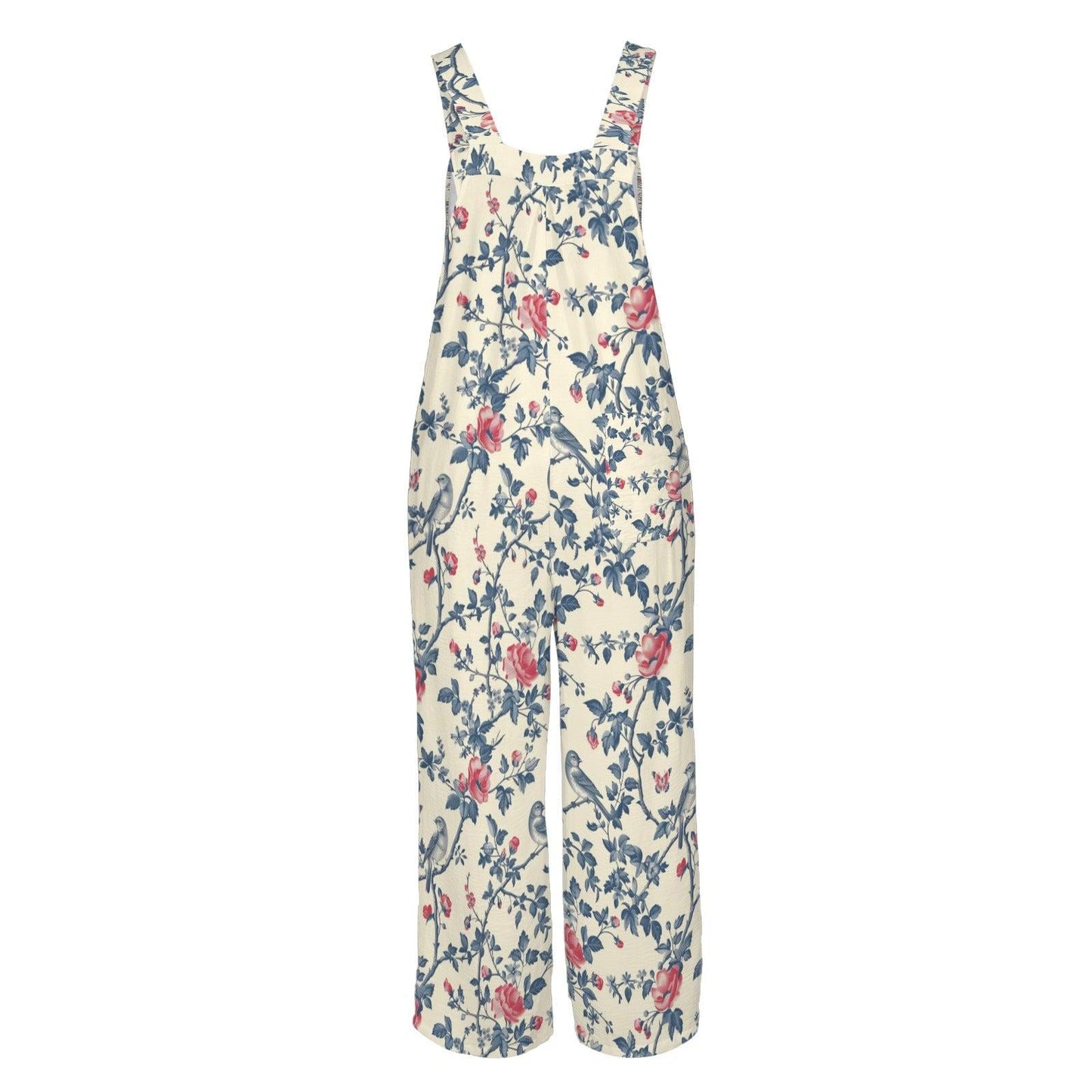 Ivory Blue Red Folk Floral Bohemian Jumpsuit, Wide Leg Sleeveless Overalls With Pockets