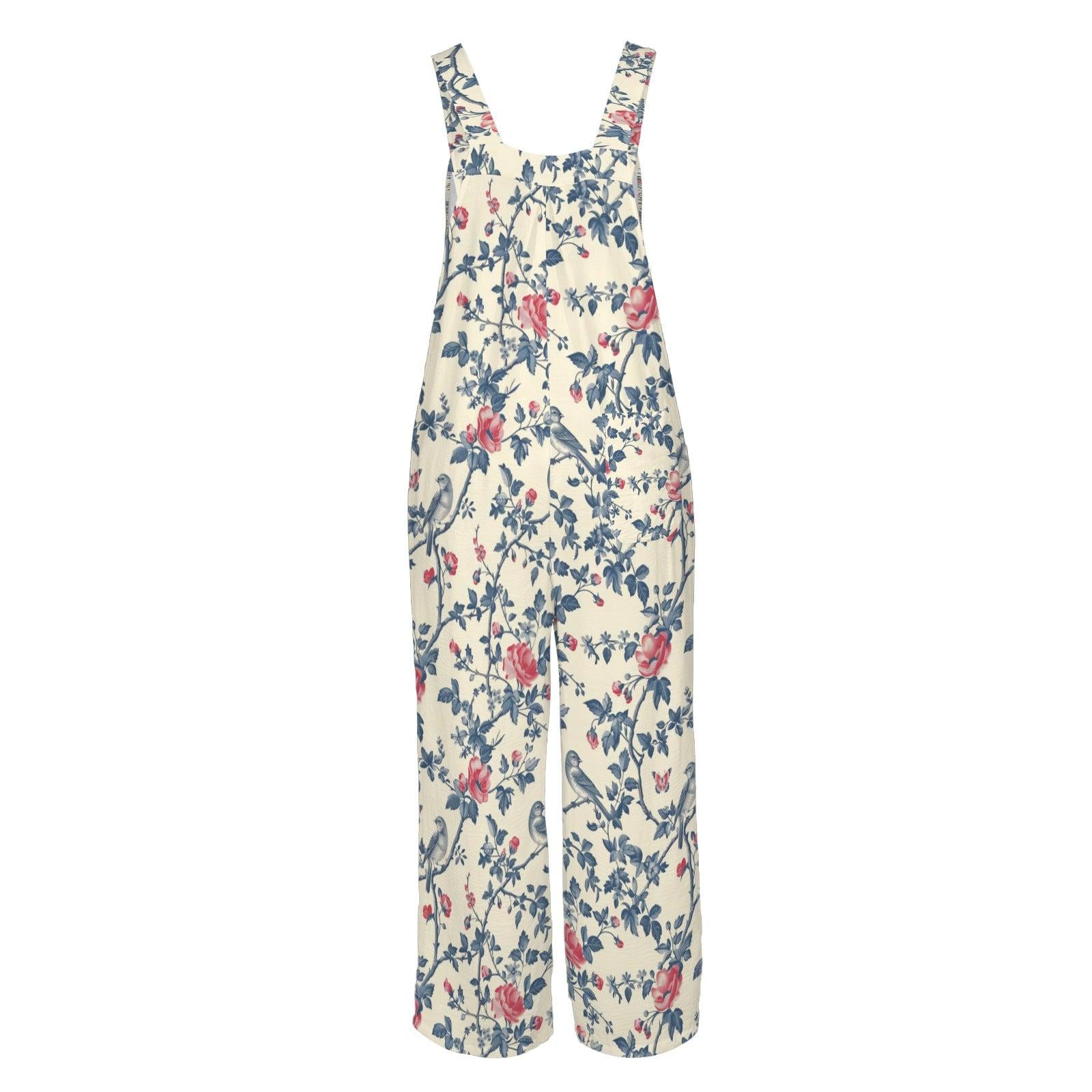 Ivory Blue Red Folk Floral Bohemian Jumpsuit, Wide Leg Sleeveless Overalls With Pockets