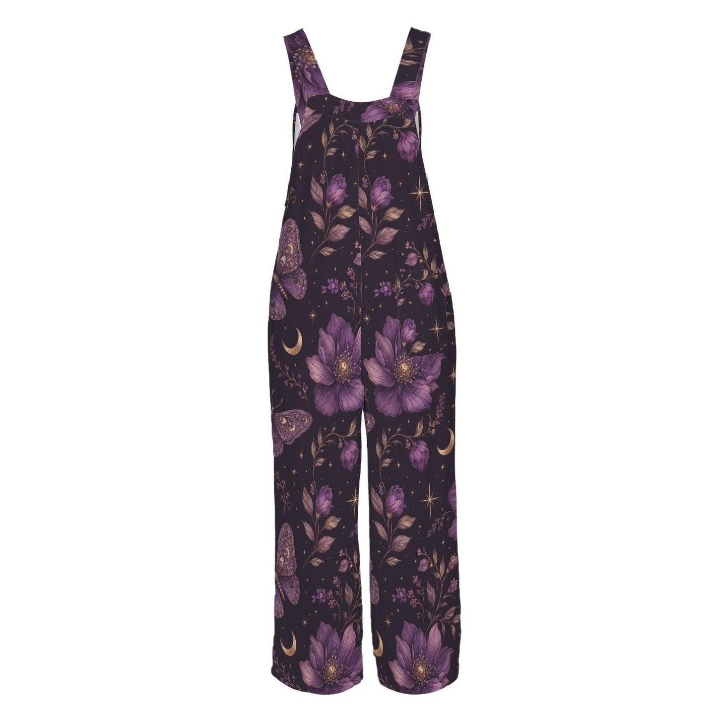 Deep Purple Moon Floral Celestial Jumpsuit, Wide Leg Sleeveless Overalls With Pockets