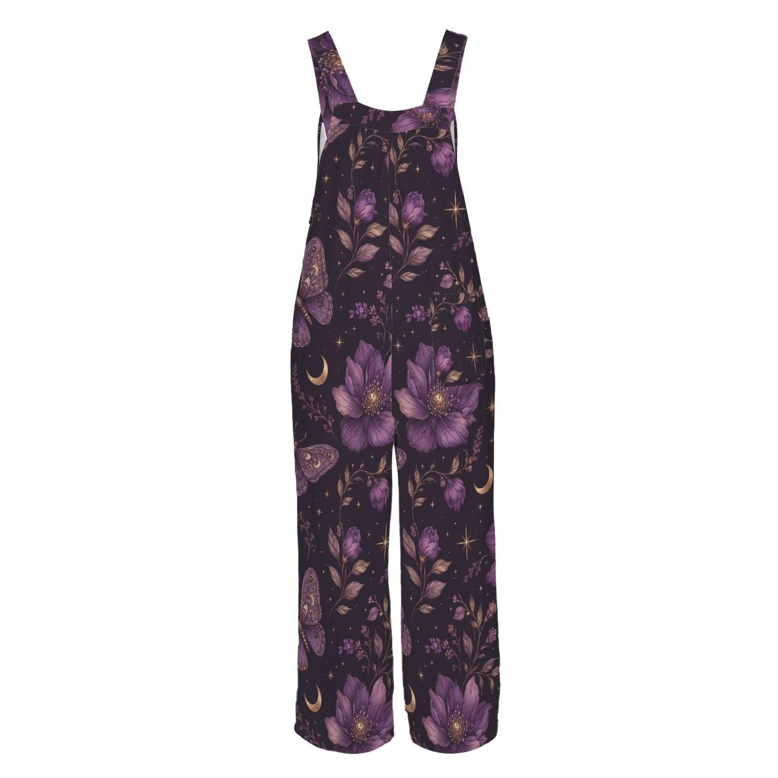 Deep Purple Moon Floral Celestial Jumpsuit, Wide Leg Sleeveless Overalls With Pockets