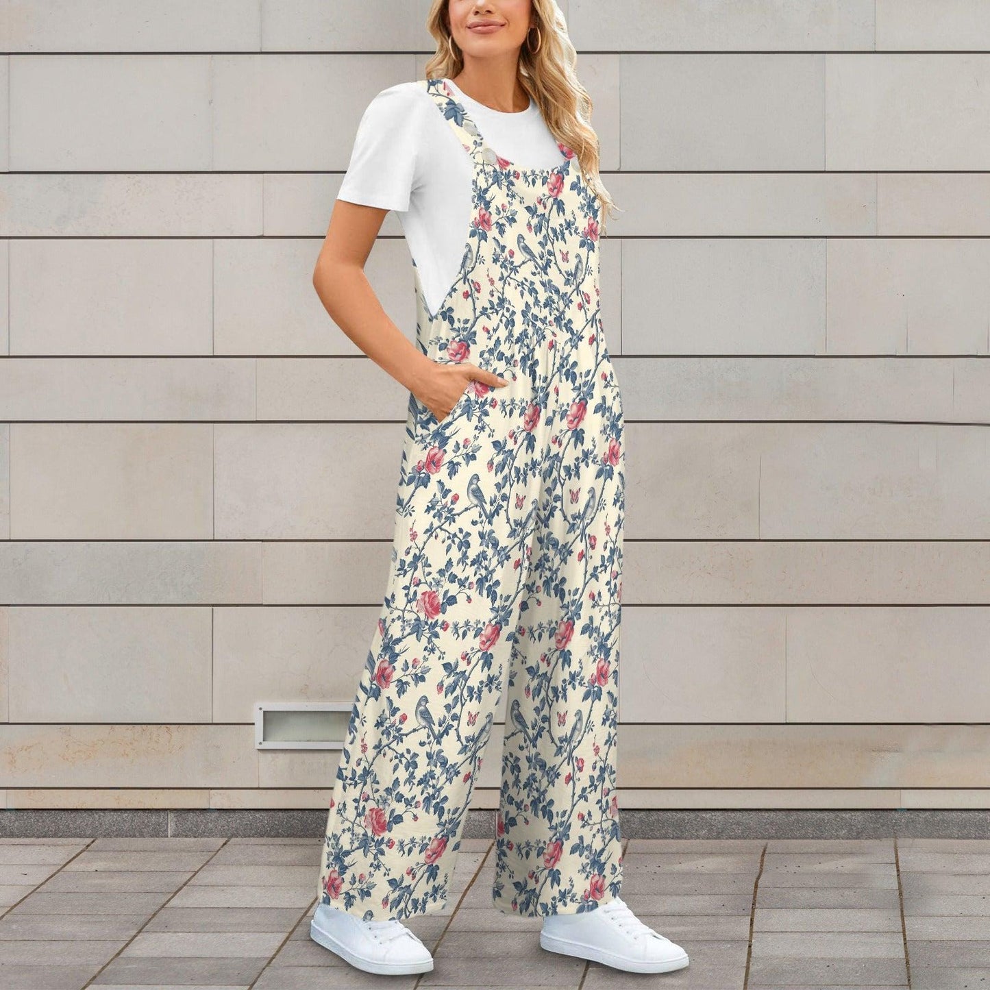 Ivory Blue Red Wildflower Jumpsuit, Wide Leg Sleeveless Overalls With Pockets