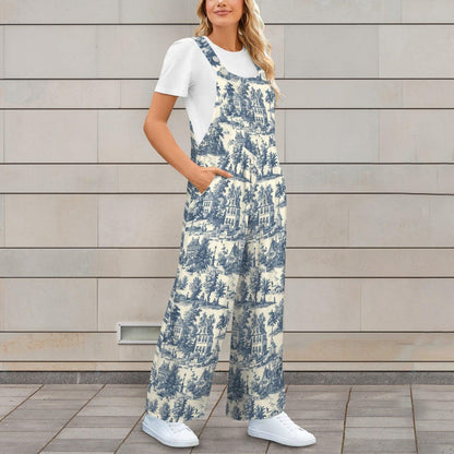 Blue Village Toile Jumpsuit: French Country Print, Wide Leg, Pockets