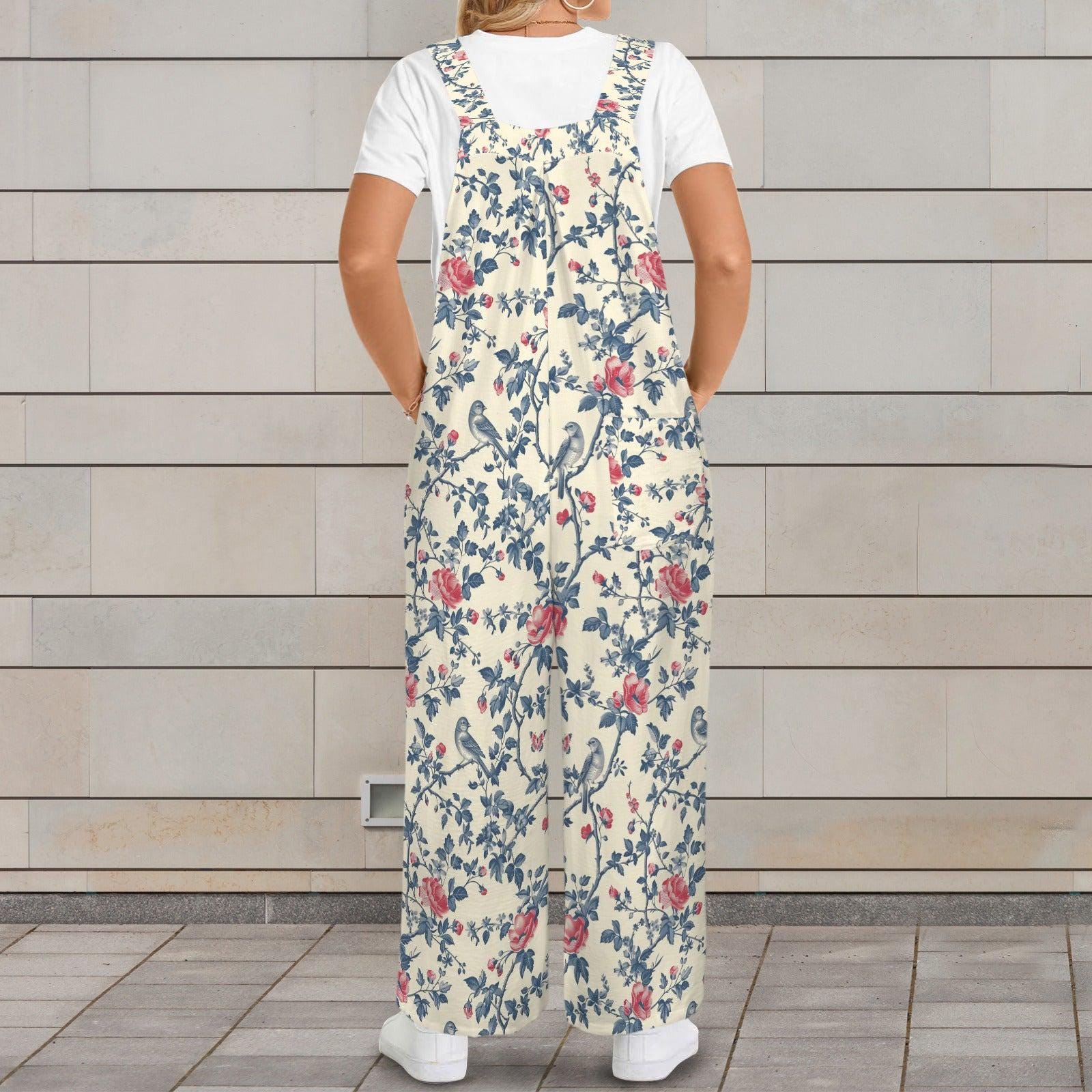 Ivory Blue Red Wildflower Jumpsuit, Wide Leg Sleeveless Overalls With Pockets