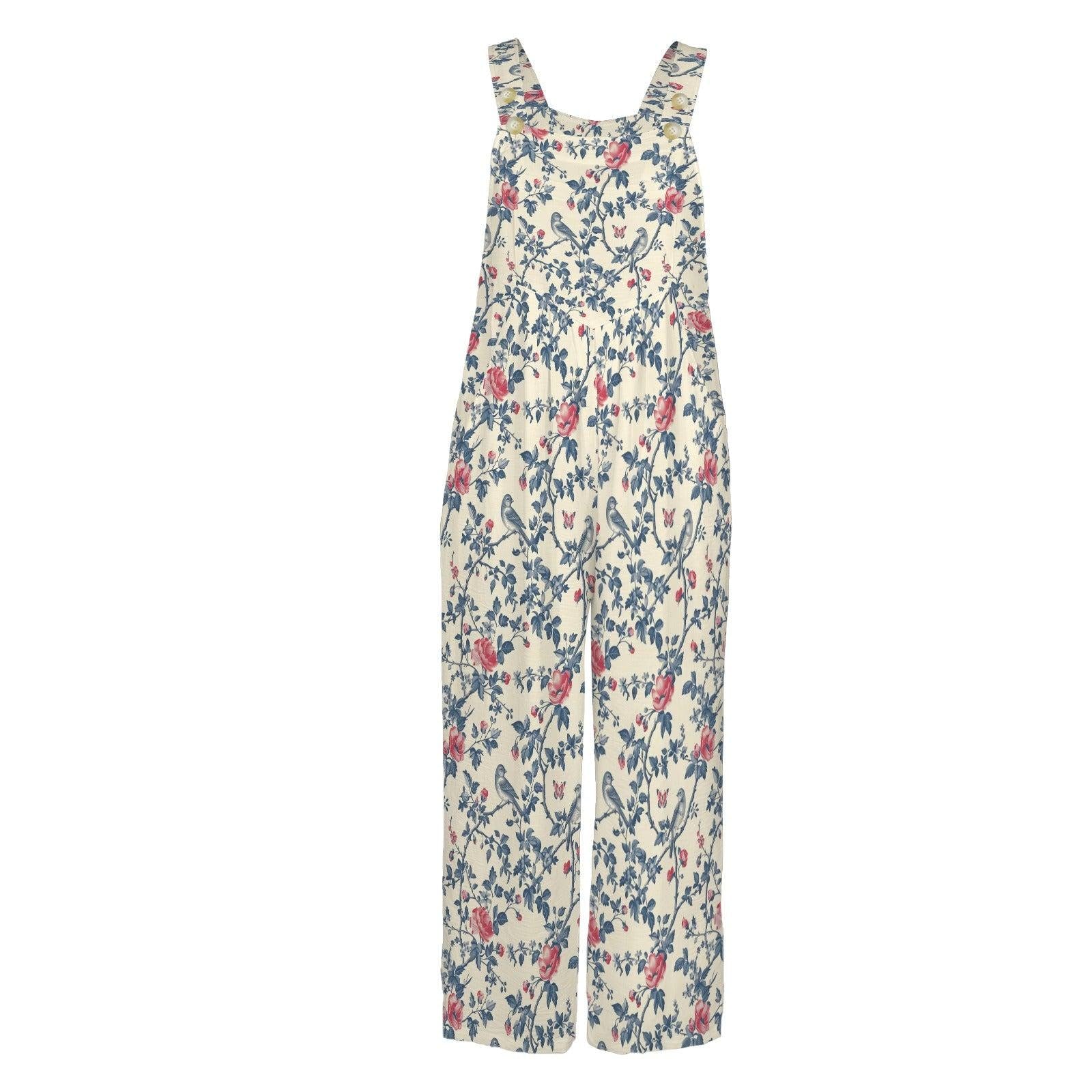 Ivory Blue Red Wildflower Jumpsuit, Wide Leg Sleeveless Overalls With Pockets