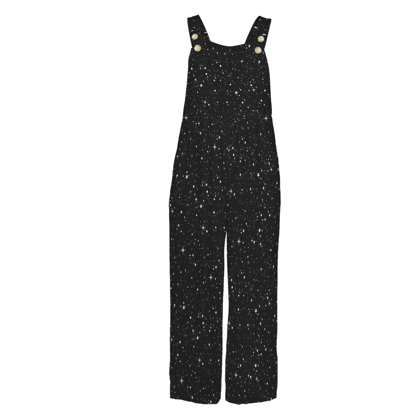 Black White Star Celestial Jumpsuit, Wide Leg Sleeveless Overalls With Pockets