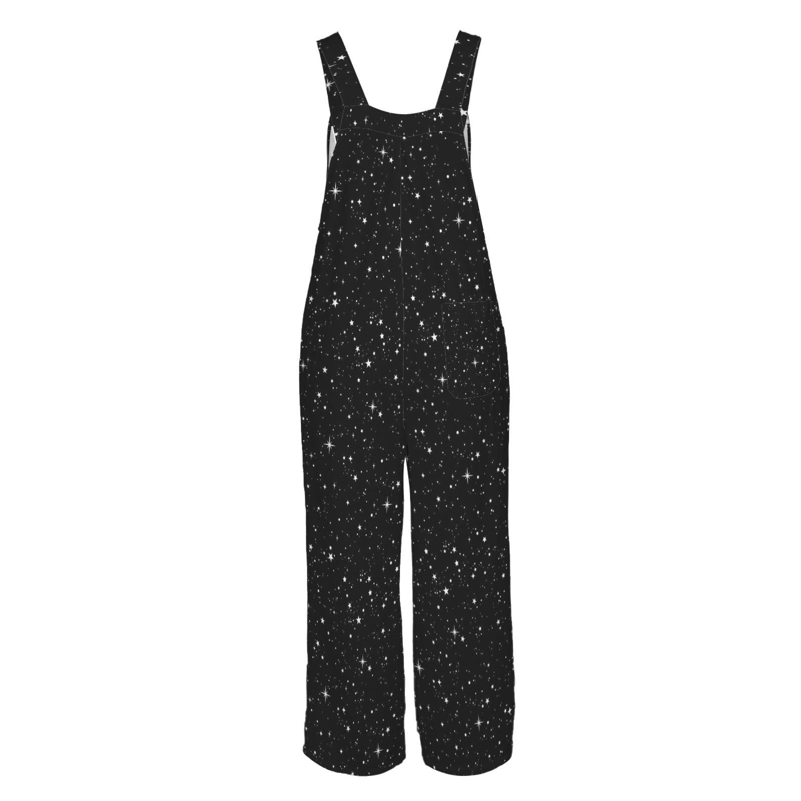 Black White Star Celestial Jumpsuit, Wide Leg Sleeveless Overalls With Pockets