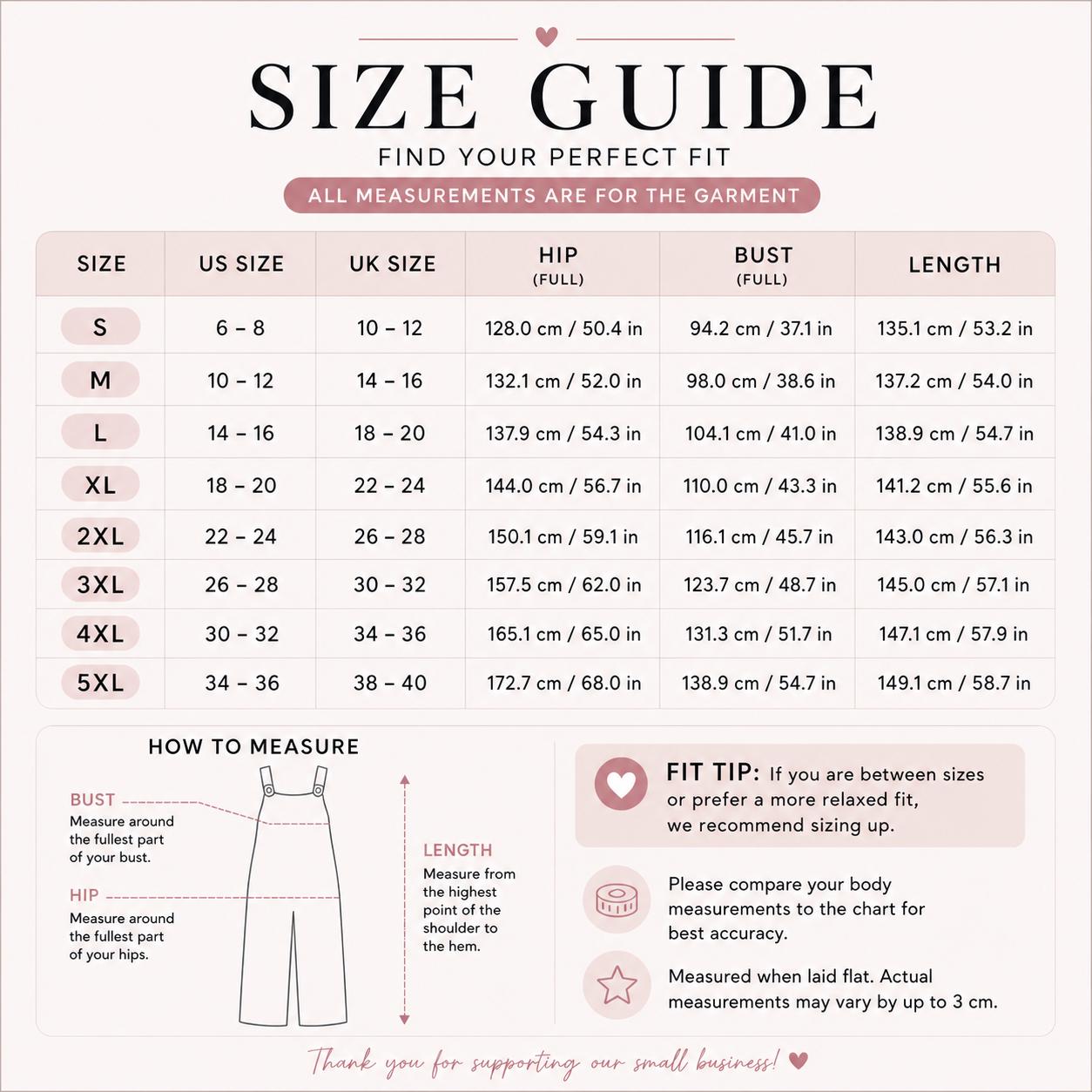 The image is a size guide that provides information on how to measure for different sizes of clothing, including bust, hips, and length. It includes a chart with measurements and corresponding sizes, along with a step-by-step guide on how to measure one's bust, hips, and length.