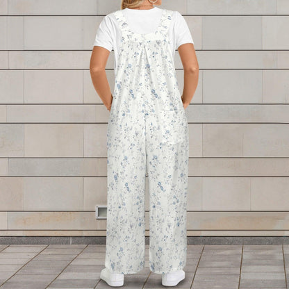Pale Blue Wildflower Jumpsuit: Ditsy Floral Wide Leg, Square Neck, Pockets