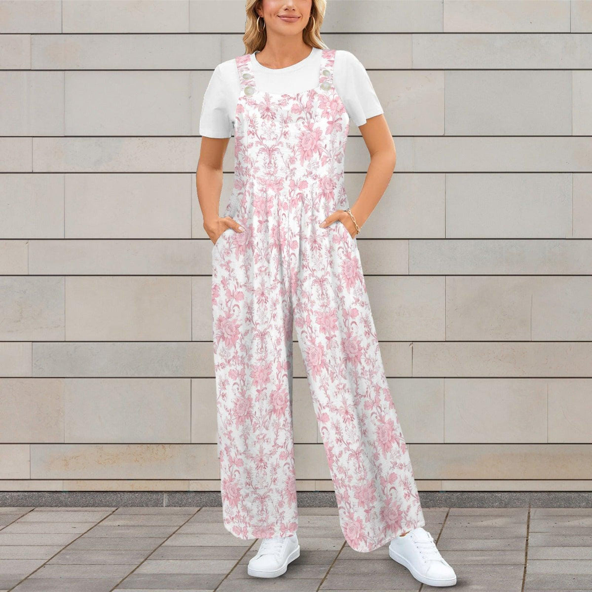 Pink Floral Toile Jumpsuit: Romantic Cottagecore Wide Leg, Square Neck, Pockets