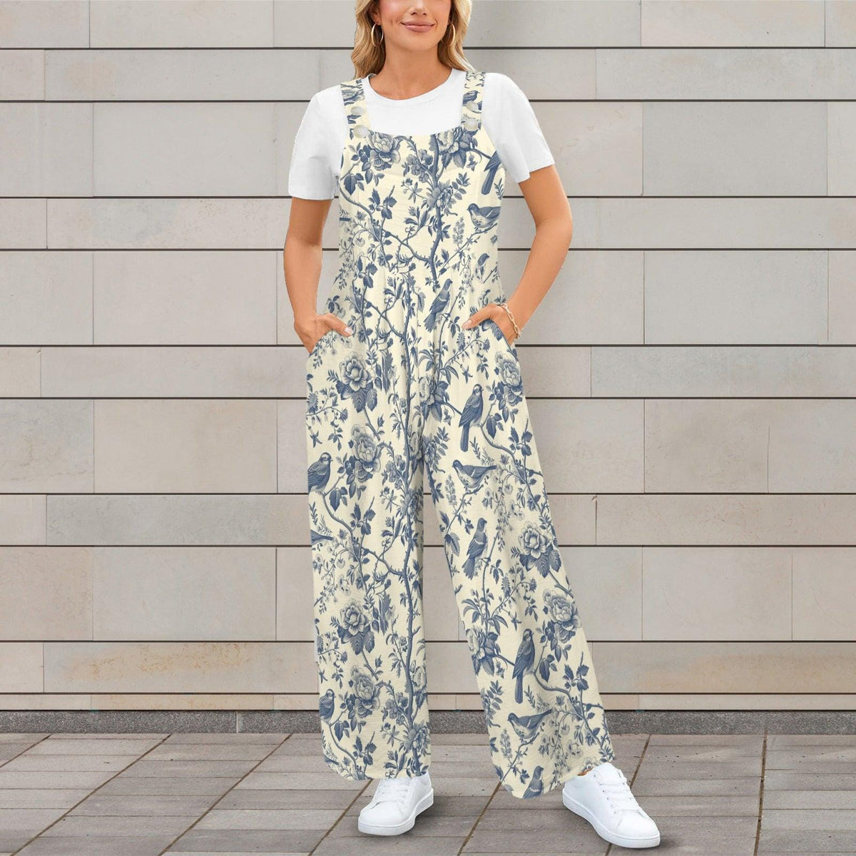 Bird Toile Jumpsuit, Blue Ivory Botanical Wide Leg One Piece with Pockets
