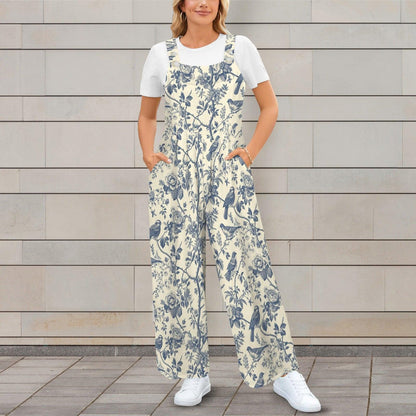 Bird Toile Jumpsuit, Blue Ivory Botanical Wide Leg One Piece with Pockets