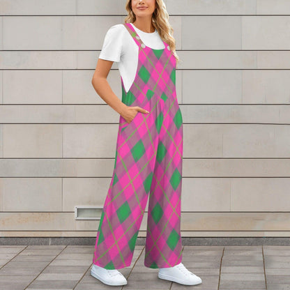 Hot Pink Green Wide Leg One Piece with Pockets, Retro Jumpsuit