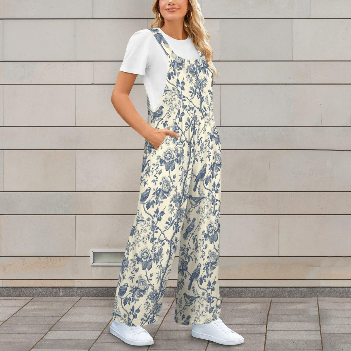 Bird Toile Jumpsuit, Blue Ivory Botanical Wide Leg One Piece with Pockets