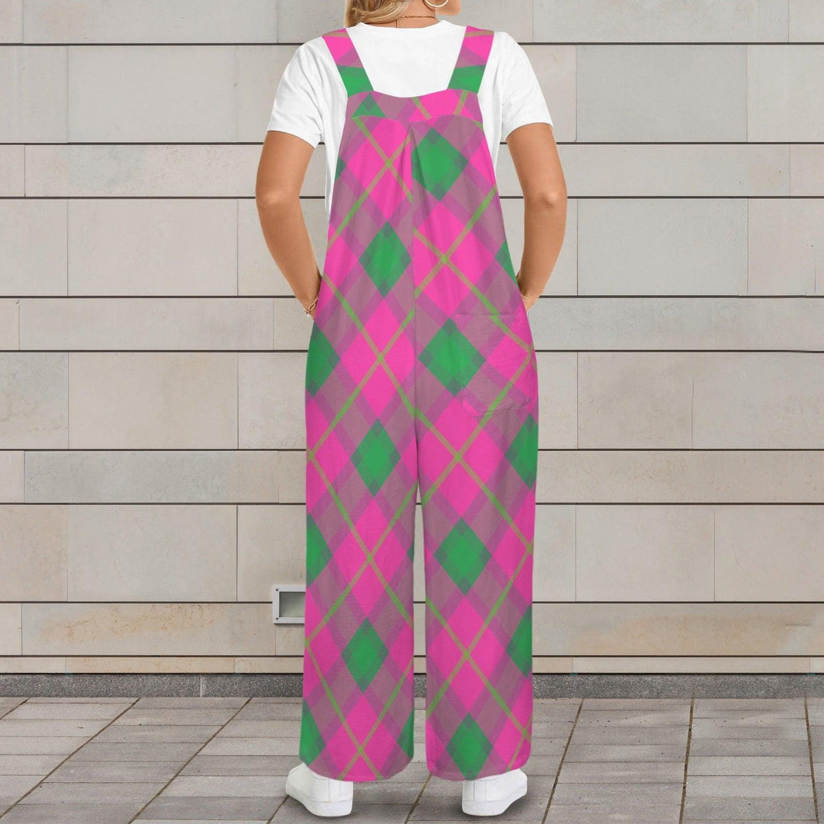 Hot Pink Green Wide Leg One Piece with Pockets, Retro Jumpsuit