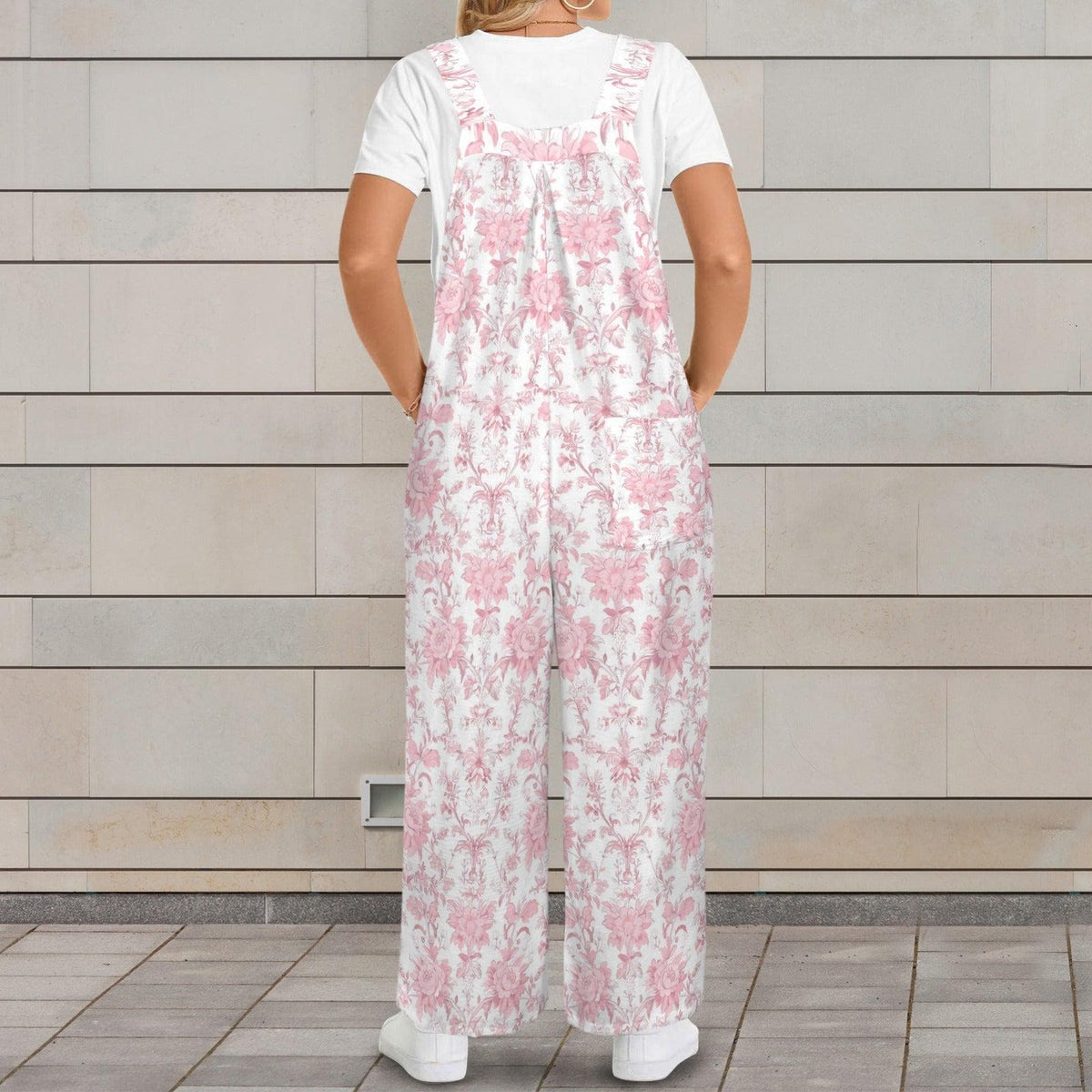Pink Floral Toile Jumpsuit: Romantic Cottagecore Wide Leg, Square Neck, Pockets