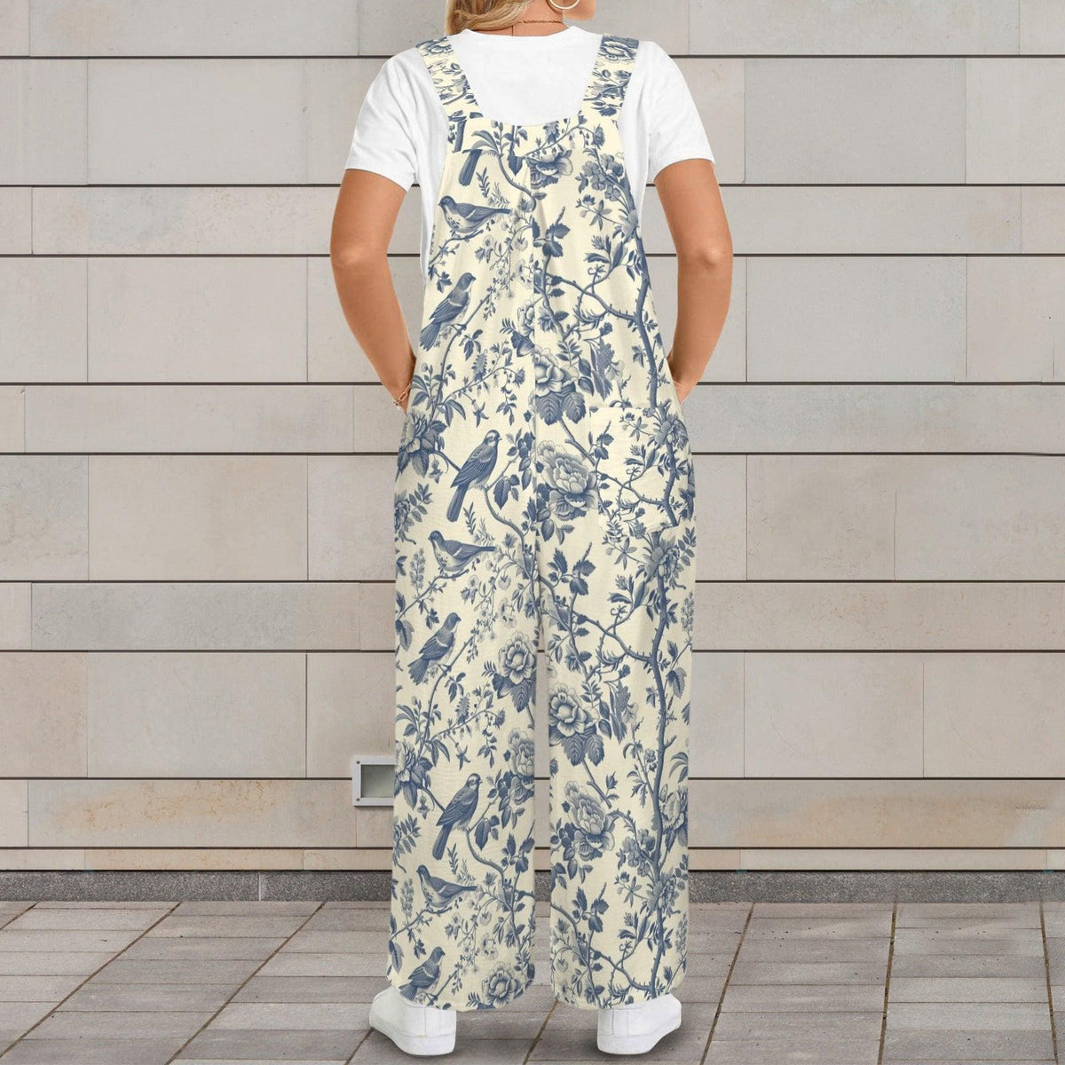Bird Toile Jumpsuit, Blue Ivory Botanical Wide Leg One Piece with Pockets