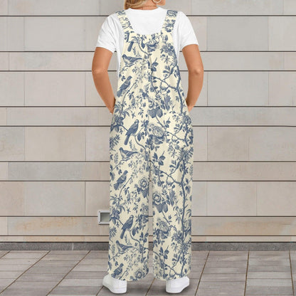 Bird Toile Jumpsuit, Blue Ivory Botanical Wide Leg One Piece with Pockets
