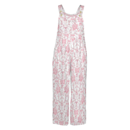 Pink Floral Toile Jumpsuit: Romantic Cottagecore Wide Leg, Square Neck, Pockets