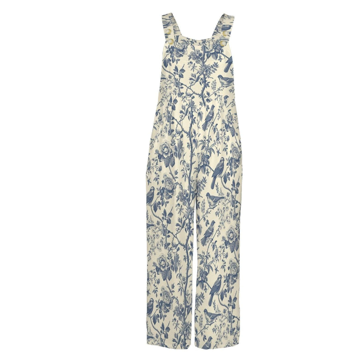 Bird Toile Jumpsuit, Blue Ivory Botanical Wide Leg One Piece with Pockets