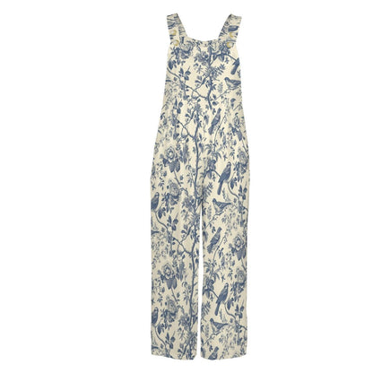 Bird Toile Jumpsuit, Blue Ivory Botanical Wide Leg One Piece with Pockets